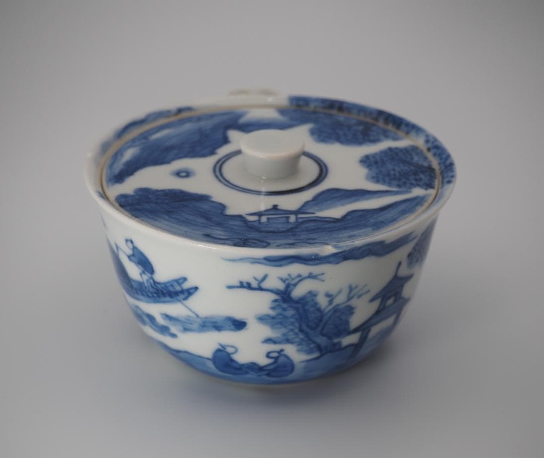 京焼 清風与平作 青華 山水風景人物図 宝瓶 泡瓶 共箱