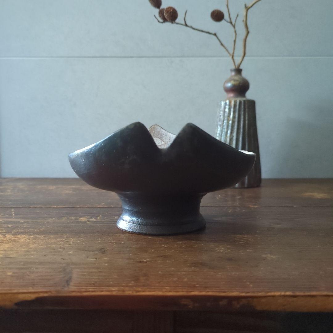 陶芸　作家もの　益子焼　島田恭子作　桜花弁型　菓子器　高台皿　コンポート