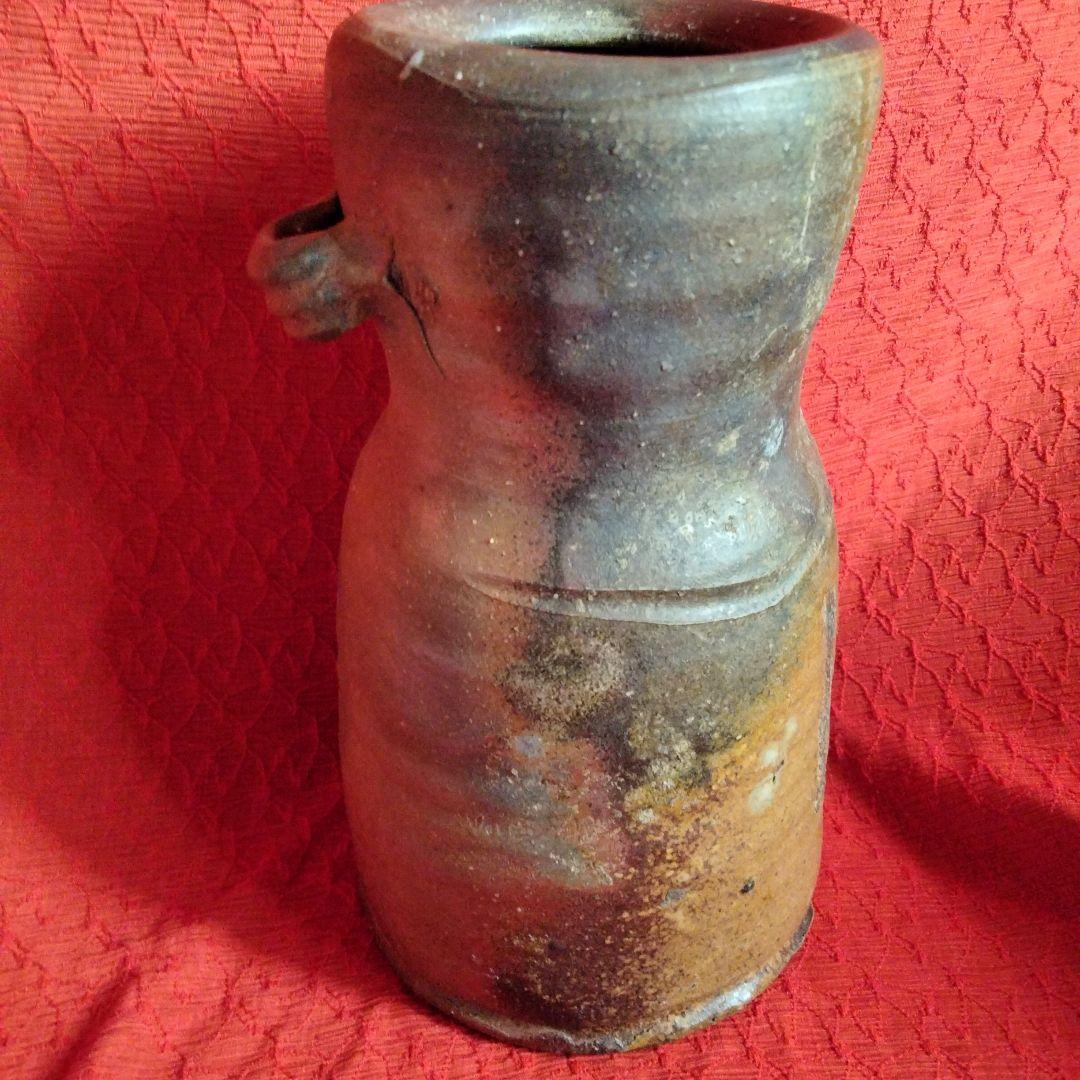 備前　髙原昌治造　釜変耳付花入　登窯　二点　栞無し　共箱あり 川口陶楽苑