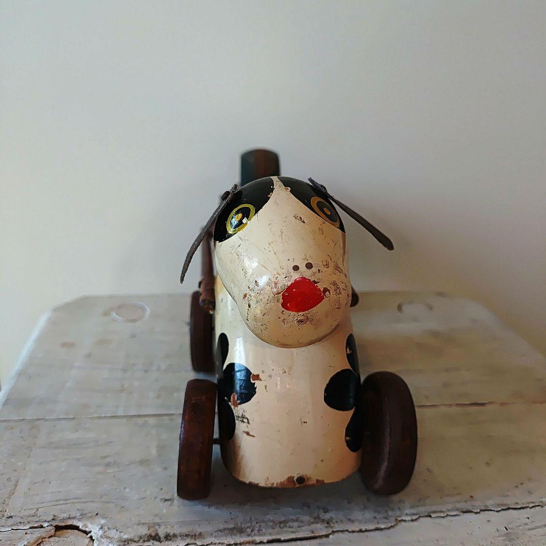 アンティーク木製犬型おもちゃ 鈴付き