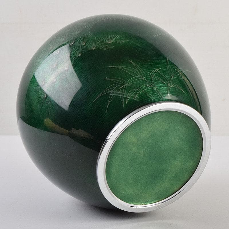 七宝焼　相互七宝謹製　緑透釉　松文　花瓶　唐木台付　共箱　M　R9393H