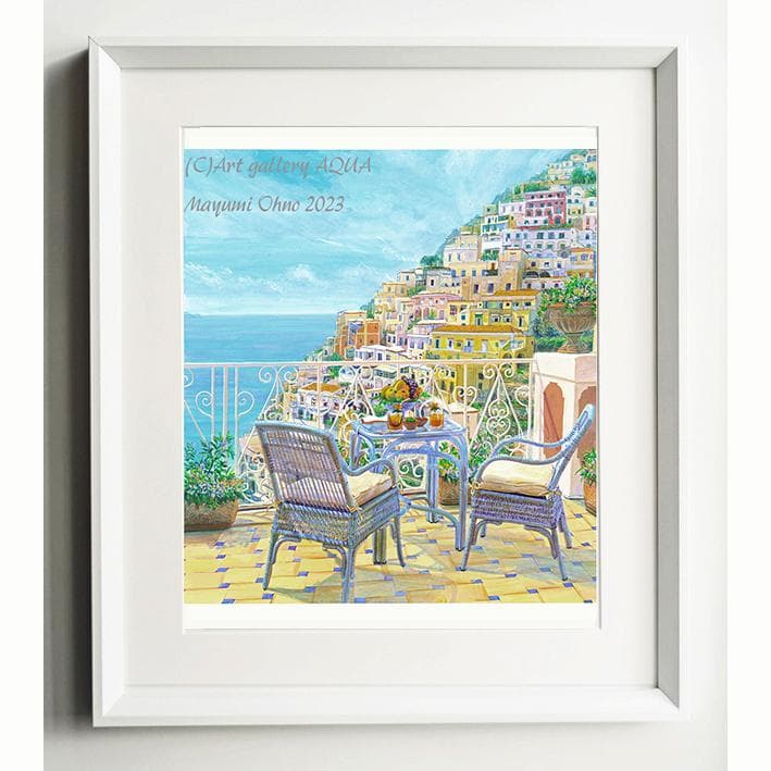 イタリア　地中海　アマルフィ 版画　風景画　ヨーロッパ　イタリア 海　アクリル画
