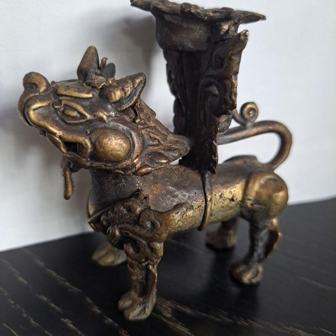 中国古玩　銅製　中国新渡　香炉　獅子立像　置物