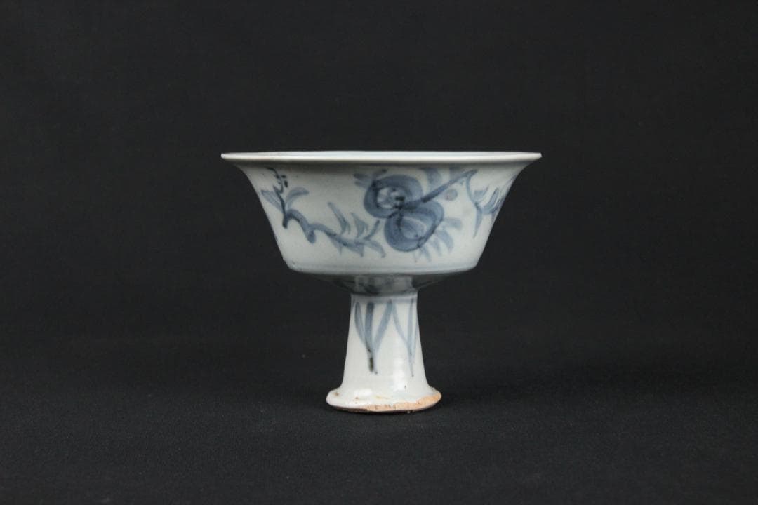 中国美術　清代　青花福字紋高足碗　供器　仏教祭器　花卉蝶文 陶磁 ESM12-7