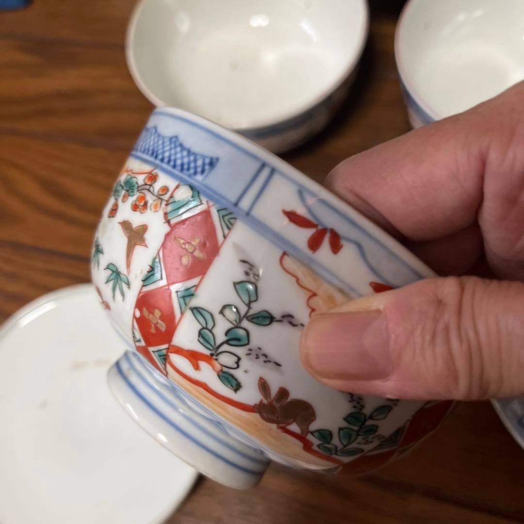 限定最終処分特価古伊万里色絵蓋付お茶碗五客煮物鉢　大きめ　完品　食卓のインテリア