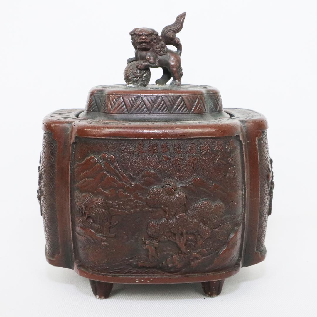 高岡銅器 佐野宏采 山水 風景図 玉乗獅子摘 四足香炉
