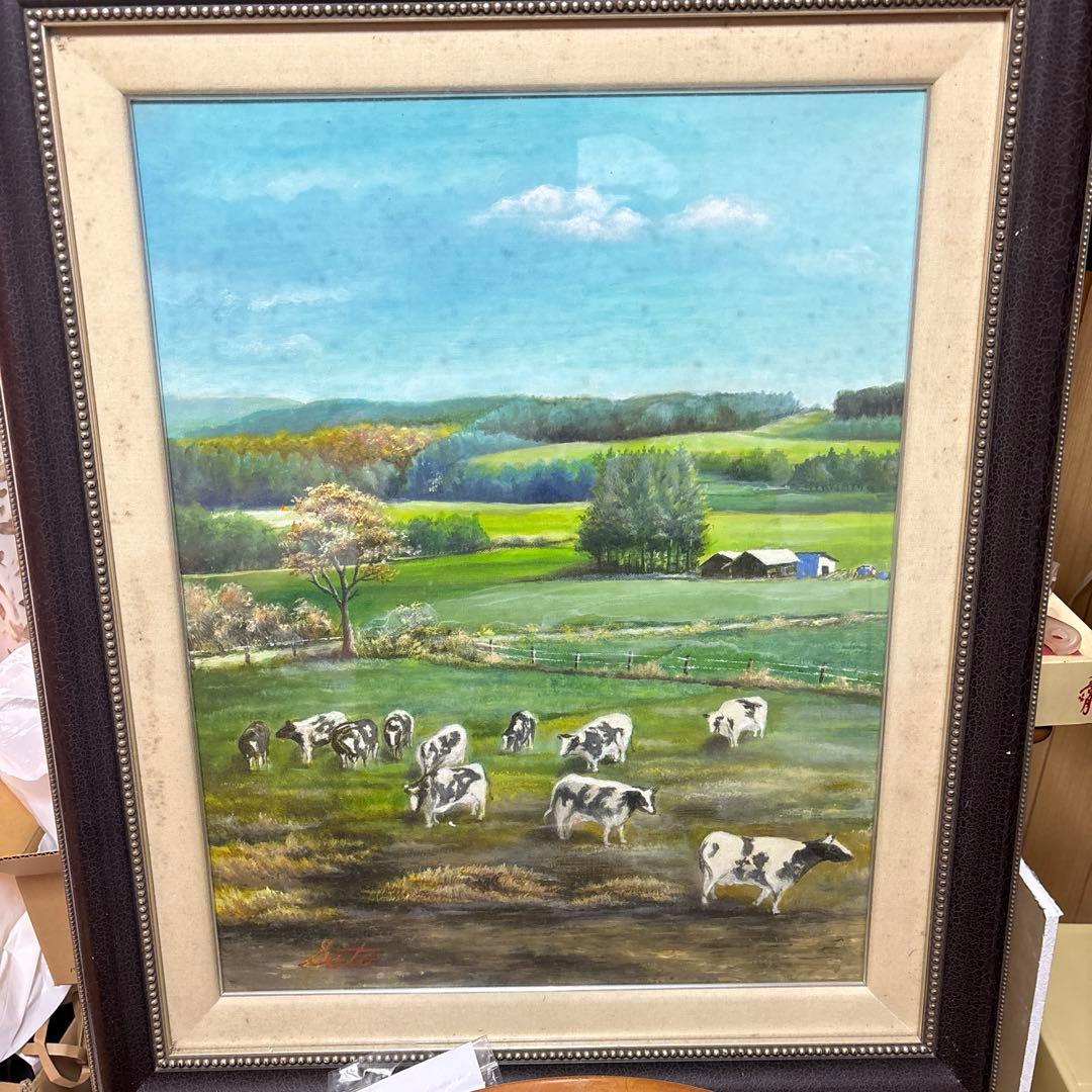 油彩画 牧場の風景 牛たち