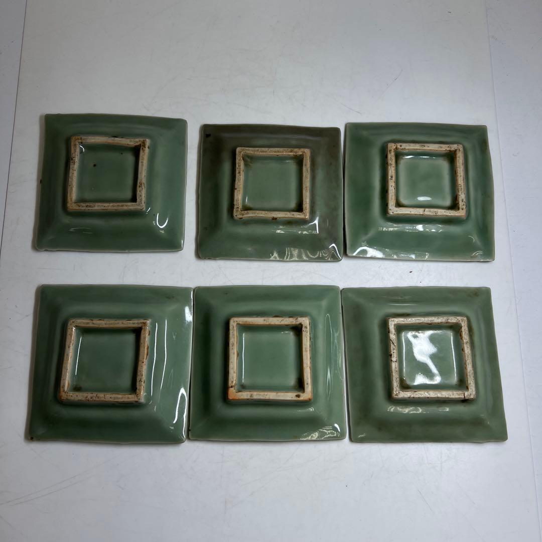 江戸後期　三田青磁鹿文角皿12枚　木箱付　東Y8-0122☆2Fトヒル