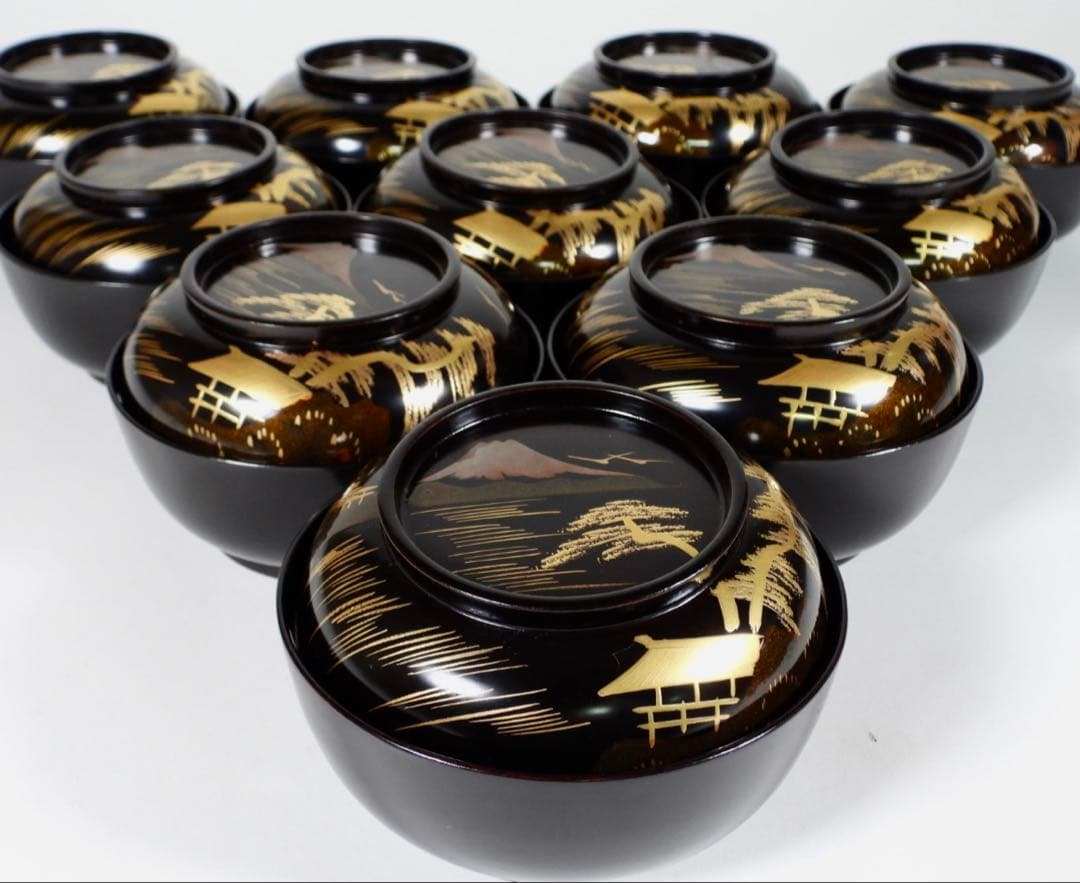 輪島塗 金時絵 富士風景紋 吸物椀 10客御節料理 お正月料理 茶懐石道具