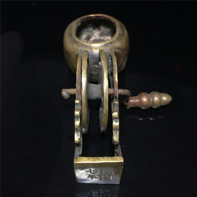 古玩古老皮殻真鍮墨斗銅器工芸品木工線器虎頭墨斗