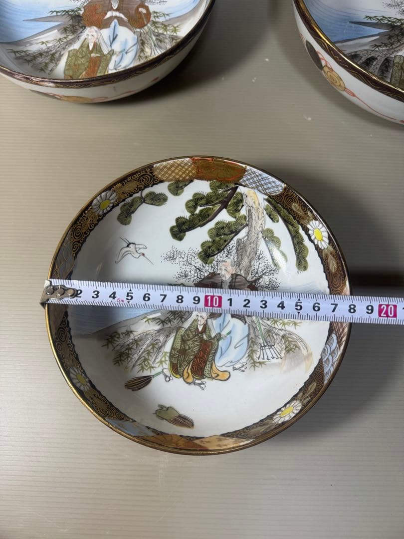 2428 九谷焼　金彩赤絵　人物翔鶴風景図　鉢　3客　時代物