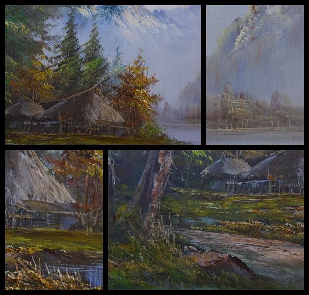 大型油絵『山水風景』肉筆油絵 風景画 作者在銘 木製額★時代物★