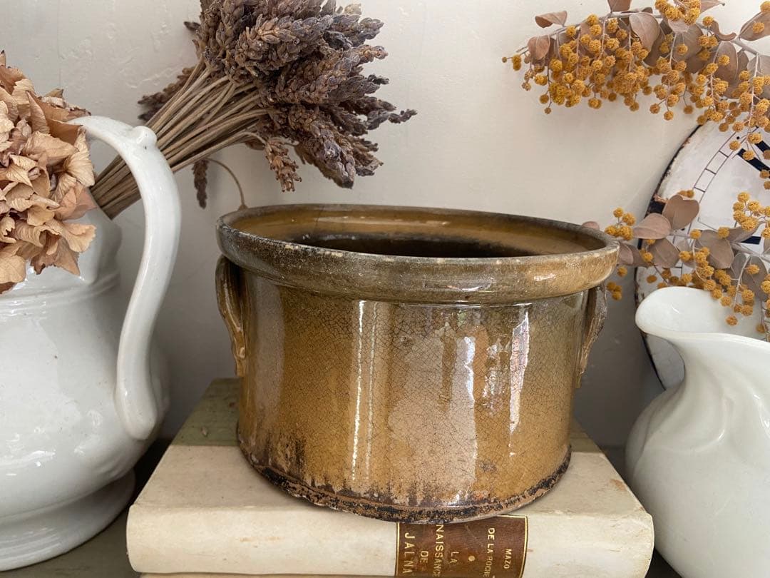 最終値下げ！ヒビありフランスアンティーク釉薬テリーヌポット☆金継ぎ南仏グラタン皿