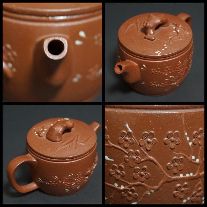 茶道具 中国宜興 紫砂細工彫り『松竹梅』 小ぶり急須 手造り紫砂壺 水滴在銘美品