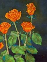 【真作】絵画　原よしえ　日本画6号　蒼に咲くバラ　深藍に映える橙の花々　W107