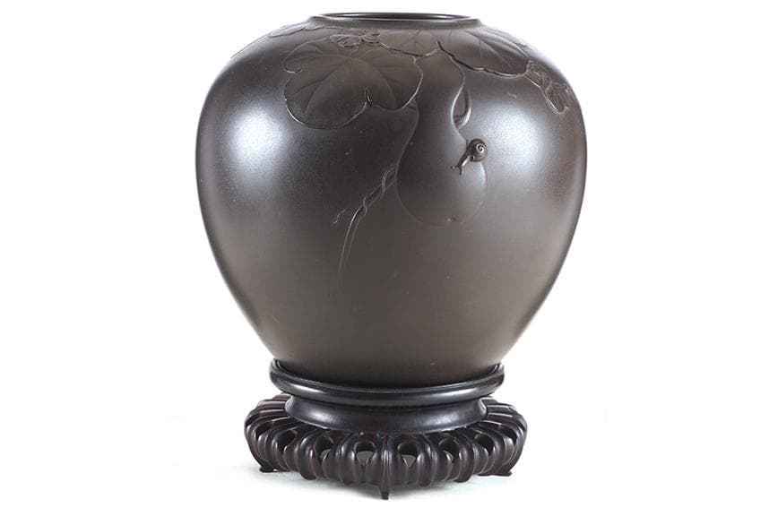 【海】一乗軒 大島 如雲 作 鋳銅 瓢蝸牛 彫刻 花瓶 唐木台付 共箱　本物保証