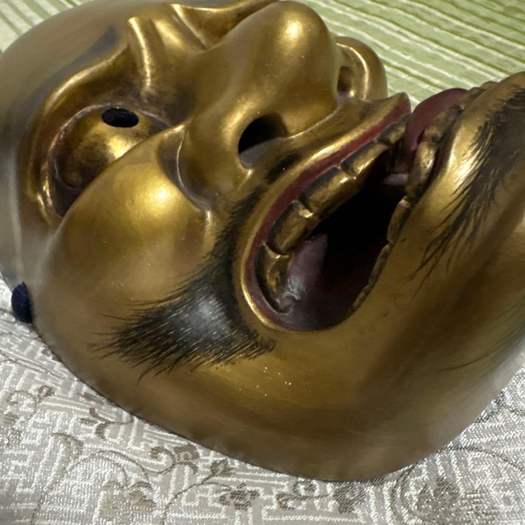 お面　能面　男　黒髭面　刻印作者不明　伝統工芸　神楽　壁掛け　置物　狂言面　金色