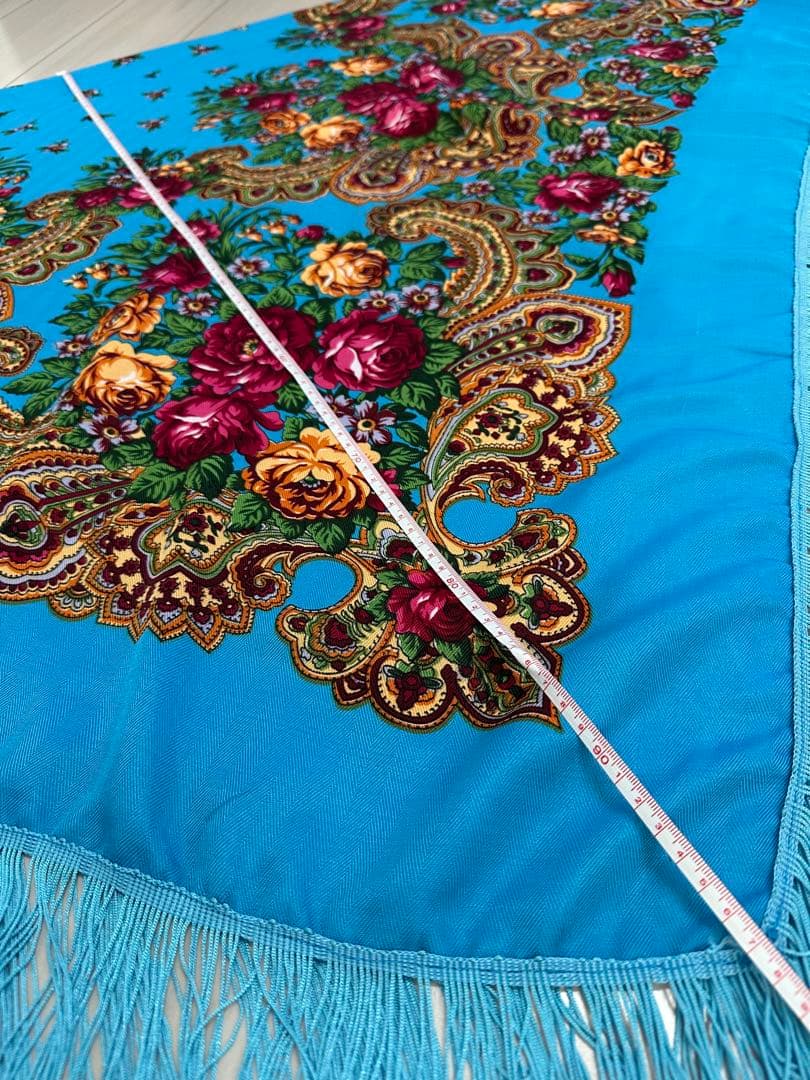 フラメンコ用花柄　大判マントン　ショール 青