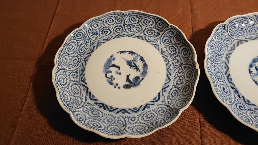 古伊万里　伊万里　染付　蛸唐草　唐草文　中皿　菓子皿　蔵出し　江戸期　２客