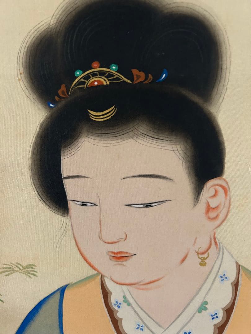 k*3様 橋本永郁 聴琴　美人図　双幅 共箱 漆塗軸先 掛け軸　骨董品