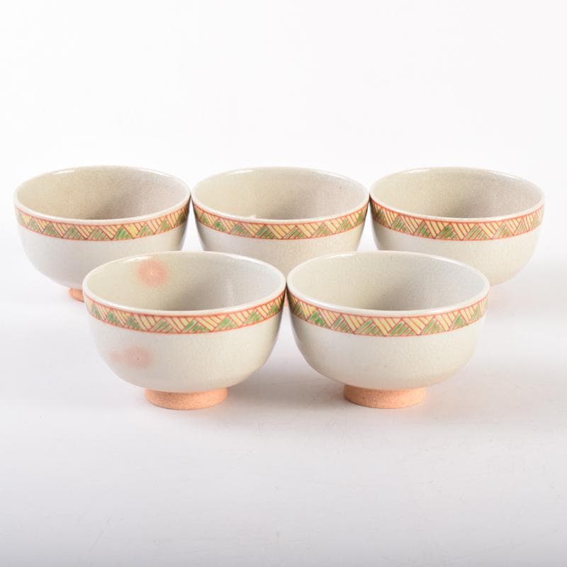 煎茶道具　北村和善作　御室焼　御本手　煎茶碗　五客　共布共箱　V　7030