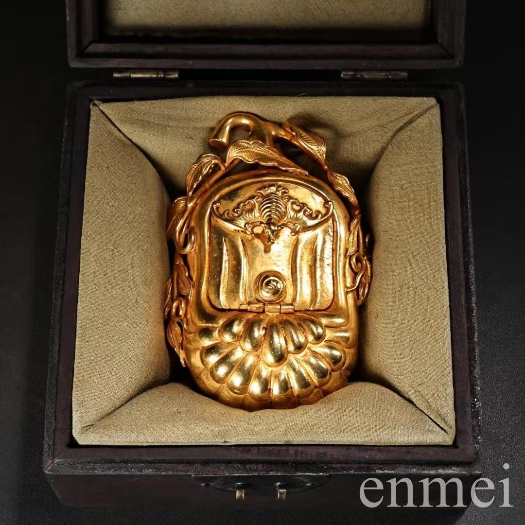 中国古美術・旧蔵鎏金の福瓜型文房筆洗水洗・純手作り・純銅製・置物・箱付き・案頭