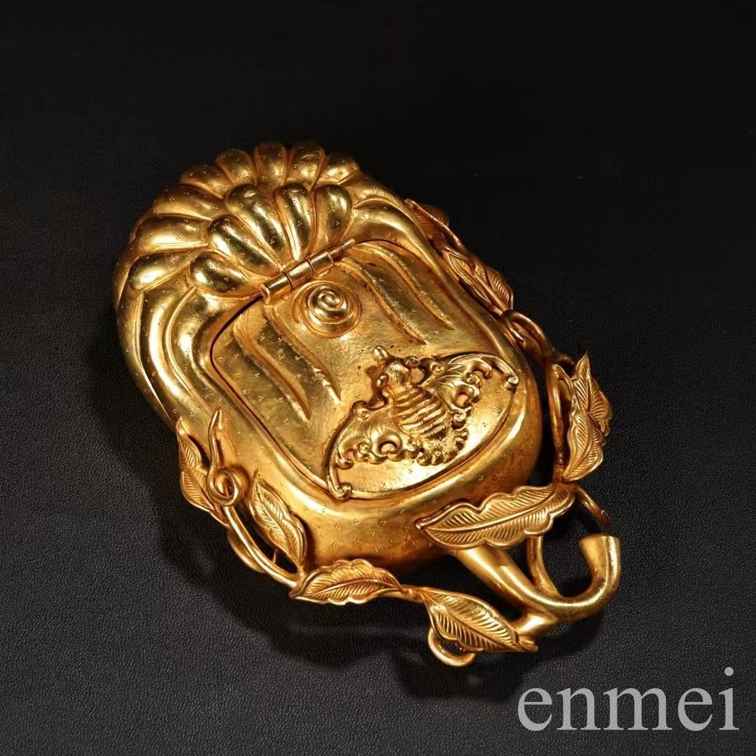 中国古美術・旧蔵鎏金の福瓜型文房筆洗水洗・純手作り・純銅製・置物・箱付き・案頭