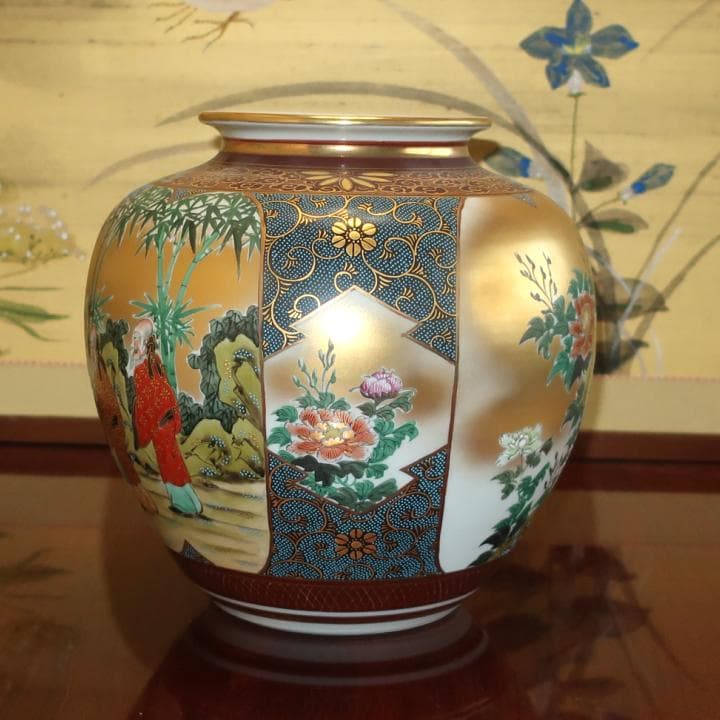伝統工芸品　九谷焼　花瓶　本金割取人物　錦生作　GIFT対応可