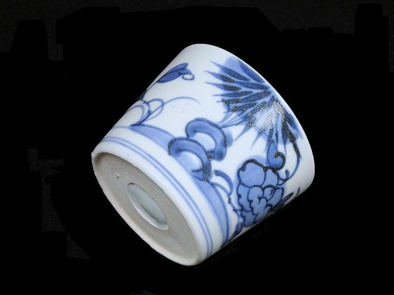 古伊万里　染付　笹に牡丹の図　蕎麦猪口　A899AS-CDg