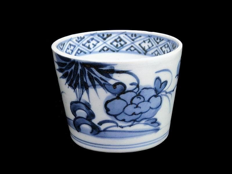 古伊万里　染付　笹に牡丹の図　蕎麦猪口　A899AS-CDg