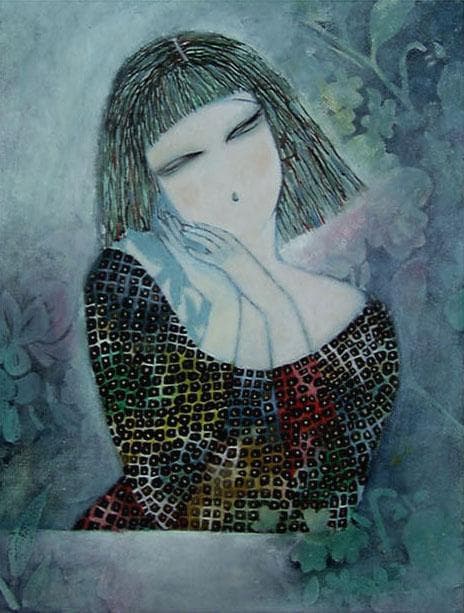 油絵 菅家令子 絵 絵画インテリア額付(青緑＋金色の枠) F6-72023 女性