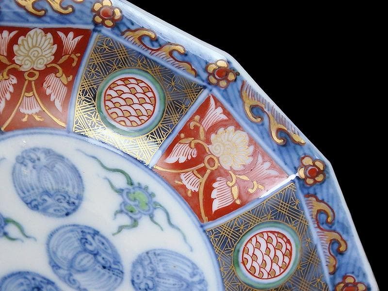 大聖寺伊万里　金襴手　鳳凰に雲　花に青海波の図　八角膾皿　D737AS-fbsv