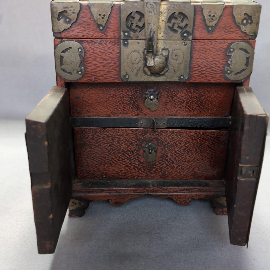 李朝朱漆塗櫛箱　李朝化粧箱　木製箱　 朱漆塗櫛箱　李朝収納箱　李朝民芸家具