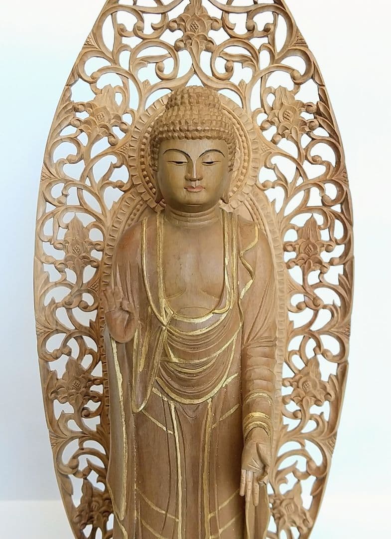 阿弥陀如来立像 5寸 #661 円台座 宝相華唐草 透彫り◆白檀 木彫 仏像