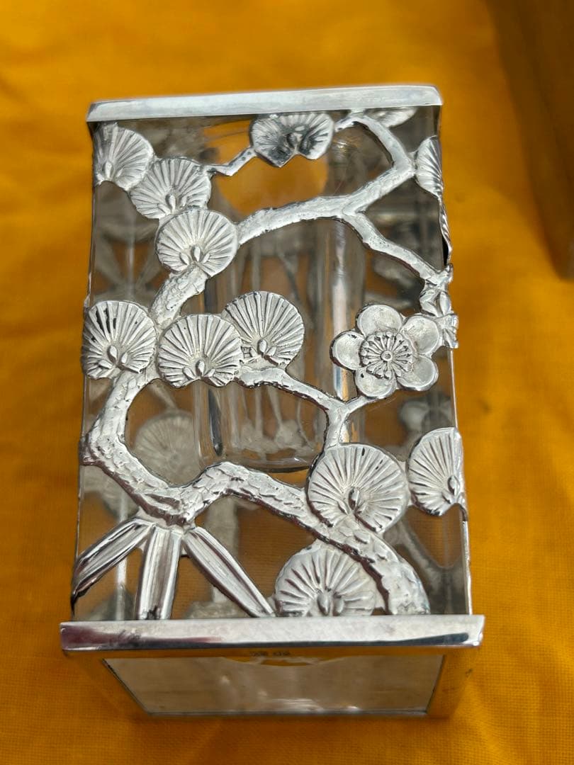 時代 昭和レトロ 銀製 極上細工硝子 松竹梅楊枝入れ 箱付き在銘175g