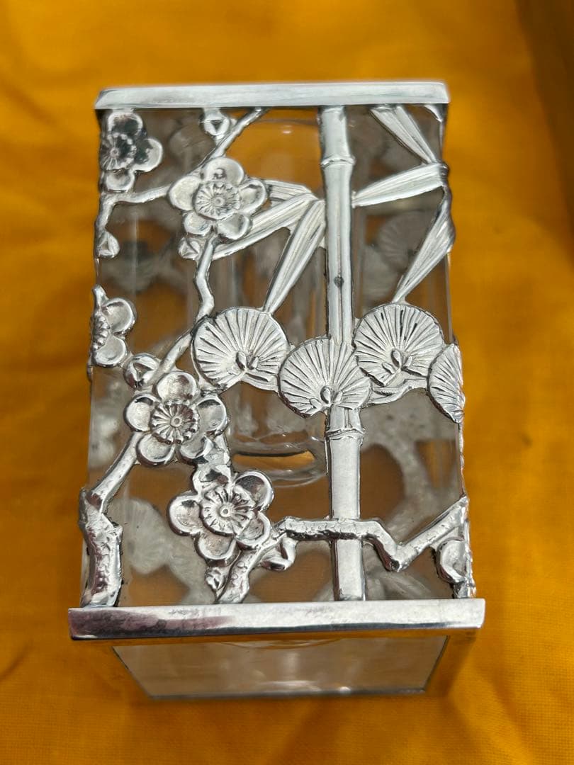 時代 昭和レトロ 銀製 極上細工硝子 松竹梅楊枝入れ 箱付き在銘175g