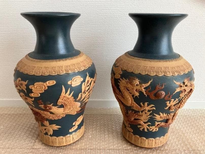 花瓶一対 龍鳳2個セット 紫砂 中国民国 夏永君製