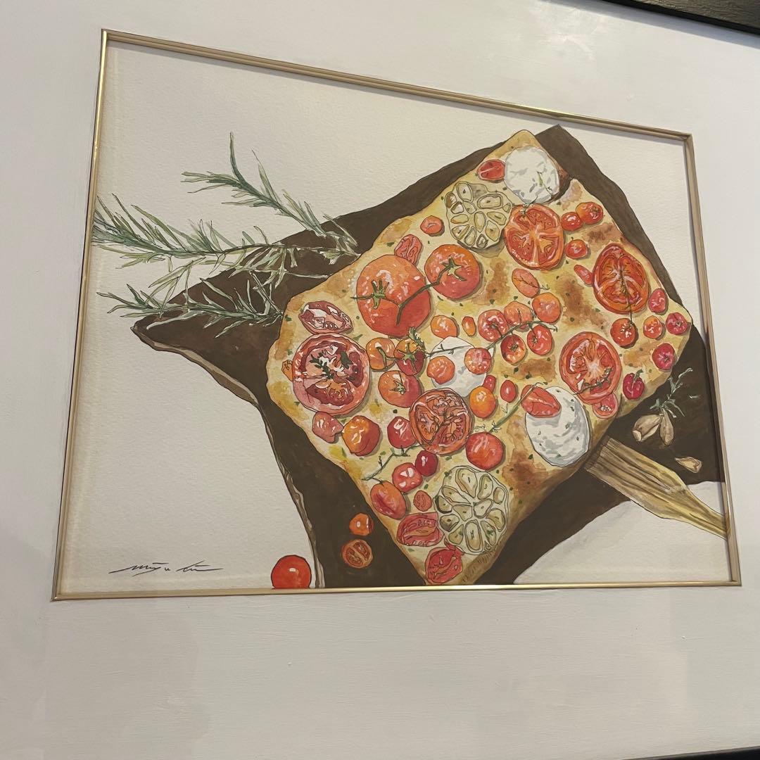 ピザとハーブの水彩画　絵画