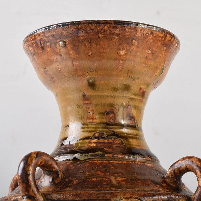 中国　遼褐釉　花文　四耳碗口壷　V　R8153