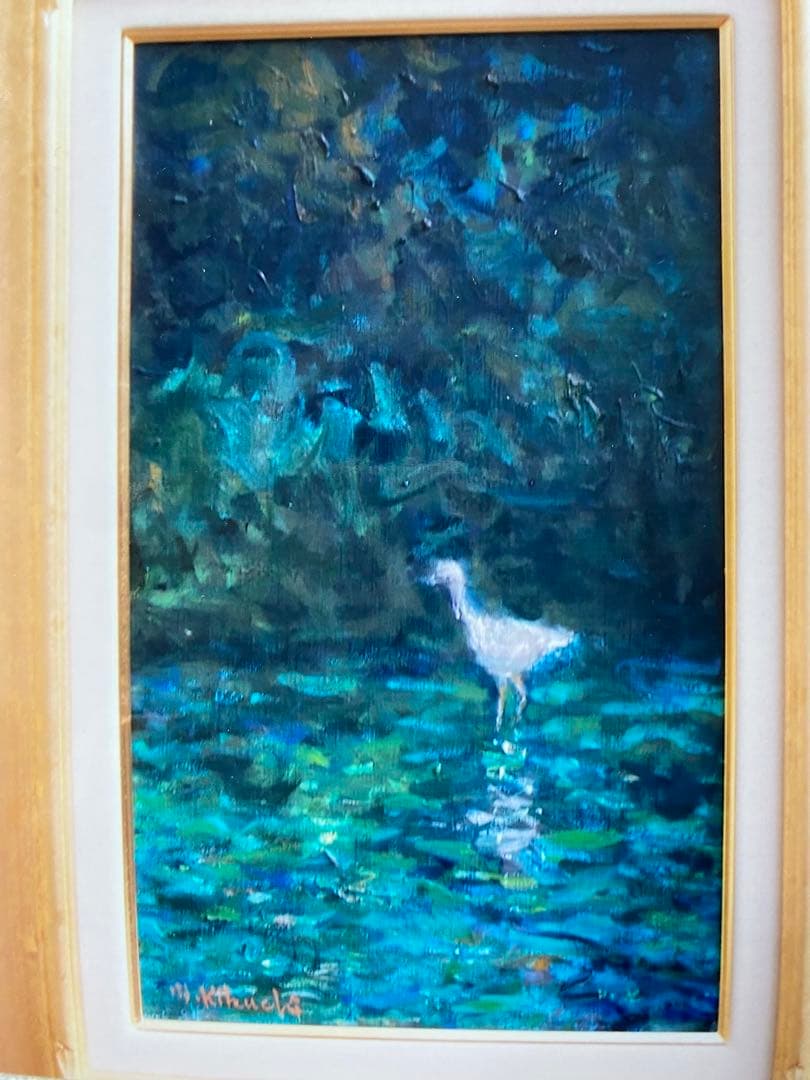 油絵。M6 「獲物をねらう」 自然　青　原画　一点物　額付き