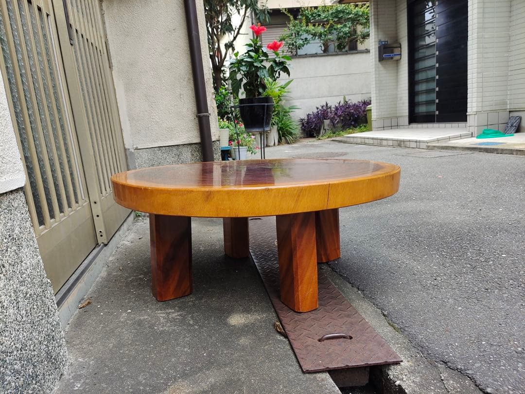 無垢材の自然形状座卓　花台　盆栽台　一枚板　輪切り　脚付き　時代テーブル　日本製