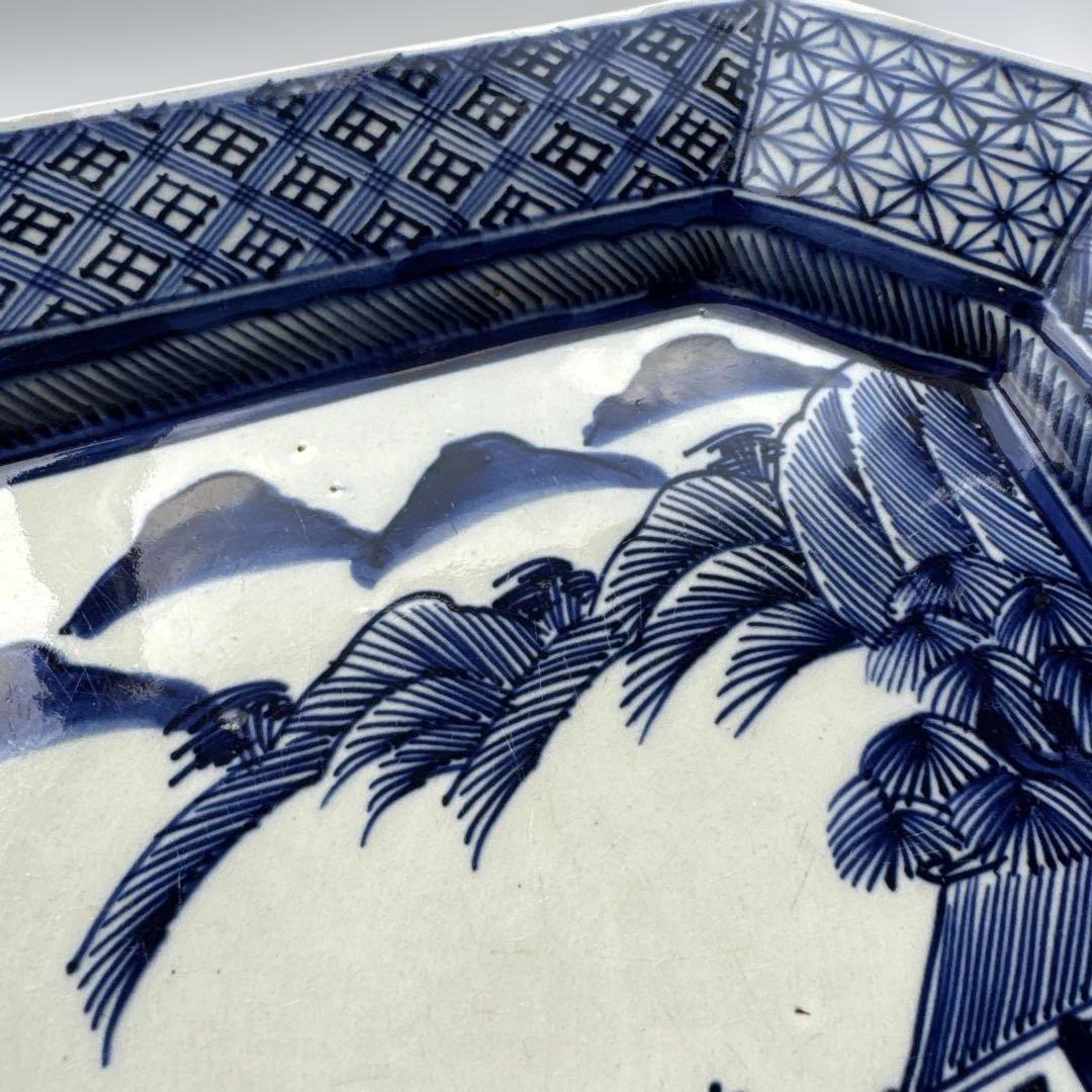 青と白の八角形皿　アンティーク　骨董　大皿