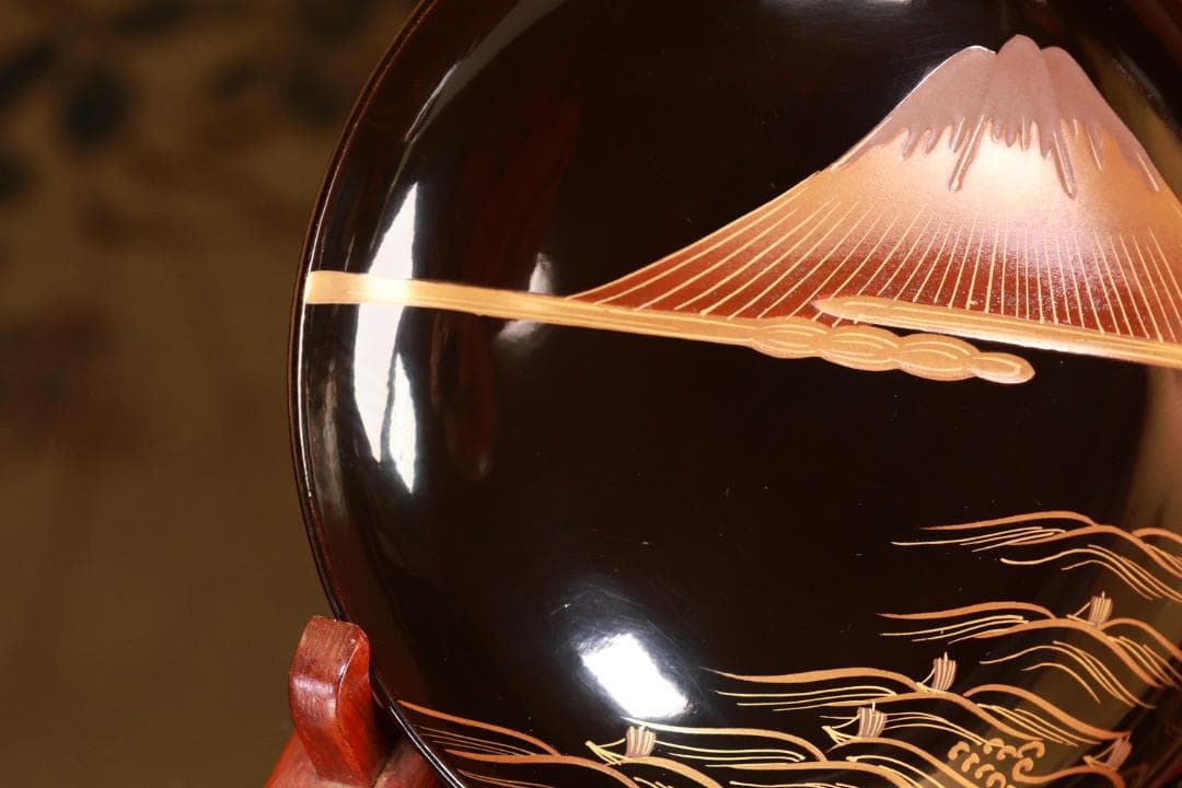 BJ021　時代輪島　雲上富士図金蒔絵　吸物椀　五客　木製　茶道具　懐石　菓子