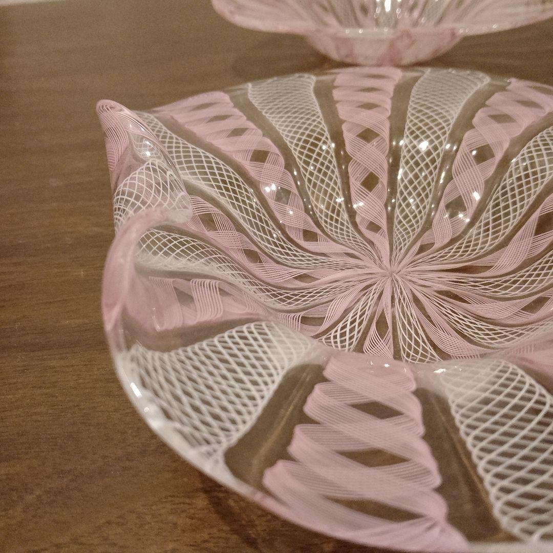 ベネチアンガラス　ムラノ　MURANO　変形皿　2枚　ピンク　レース　インテリア