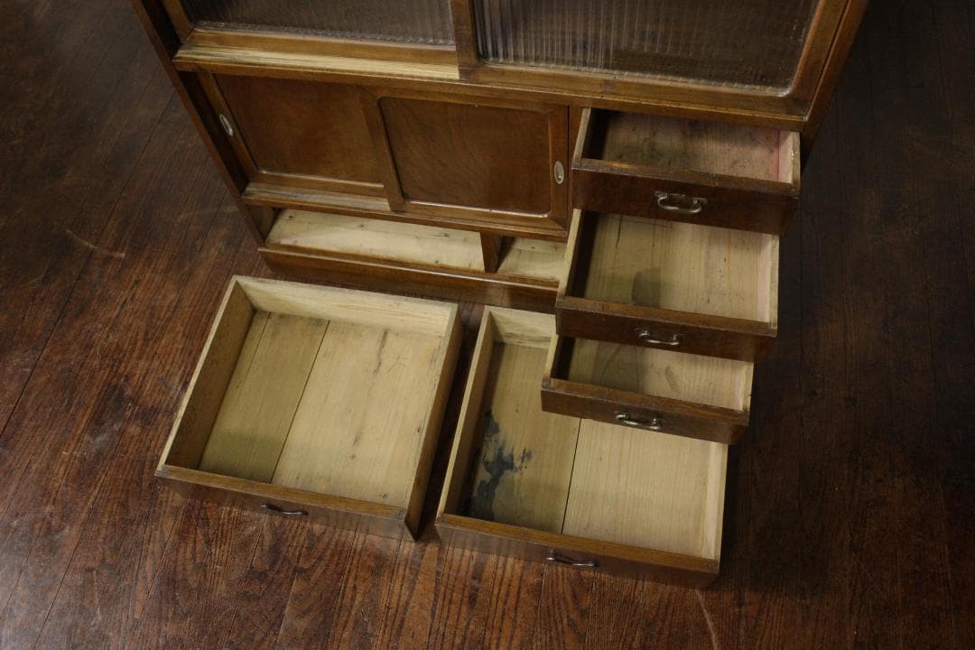 昭和レトロ 古い木製茶箪笥 モールガラス 戸棚 食器棚 古家具 欅 古材