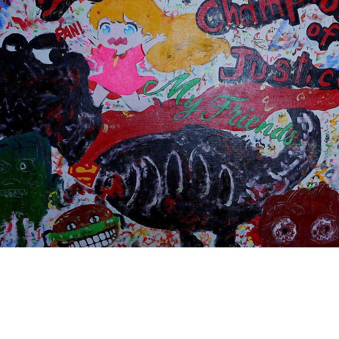 天才クリア・クリムゾンの真作保証作品　Ｆ２０号　正義の味方チラノ君と仲間達