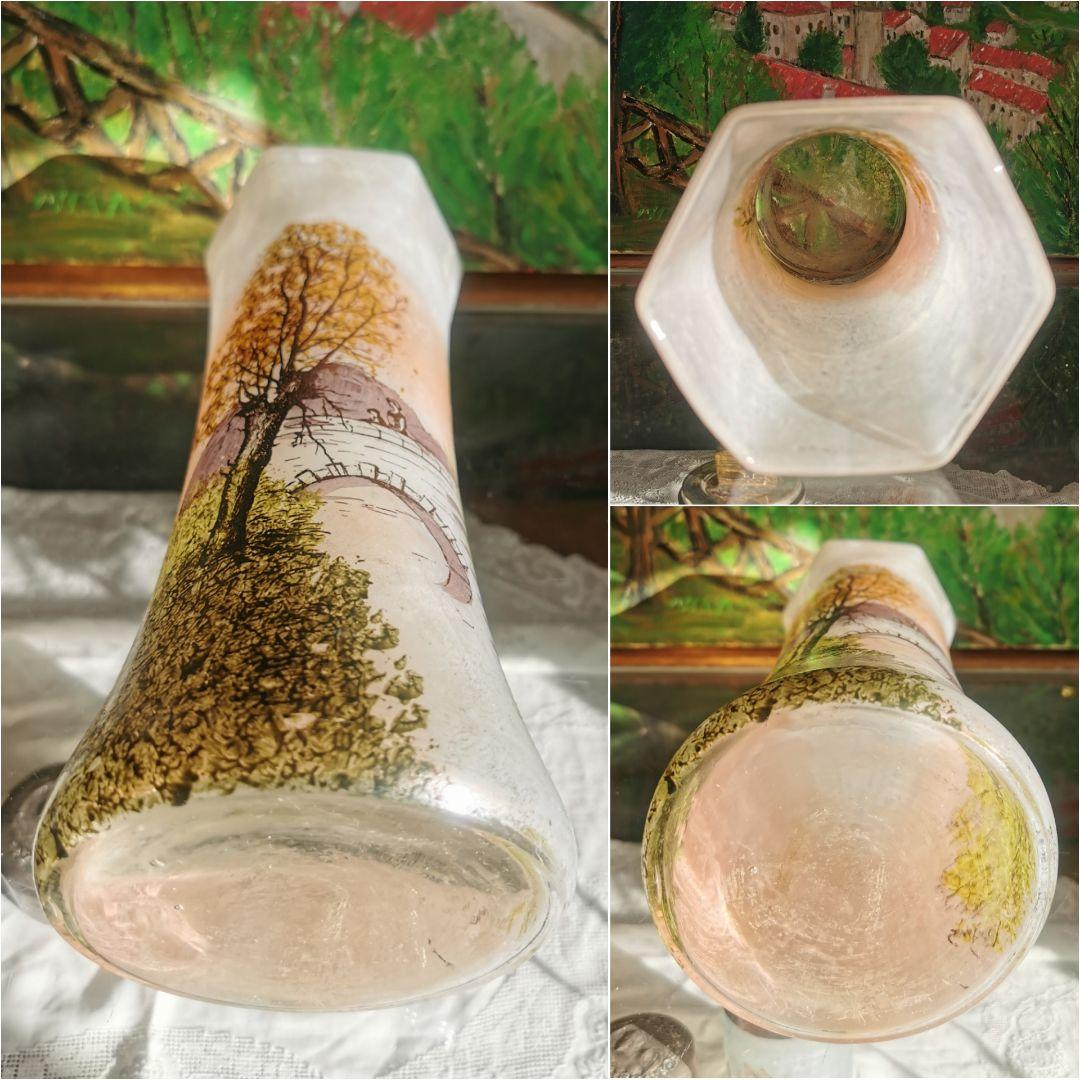 アンティーク ルグラ 橋上の母娘 ≒29㎝大型ガラス花瓶 アールヌーヴォー手描