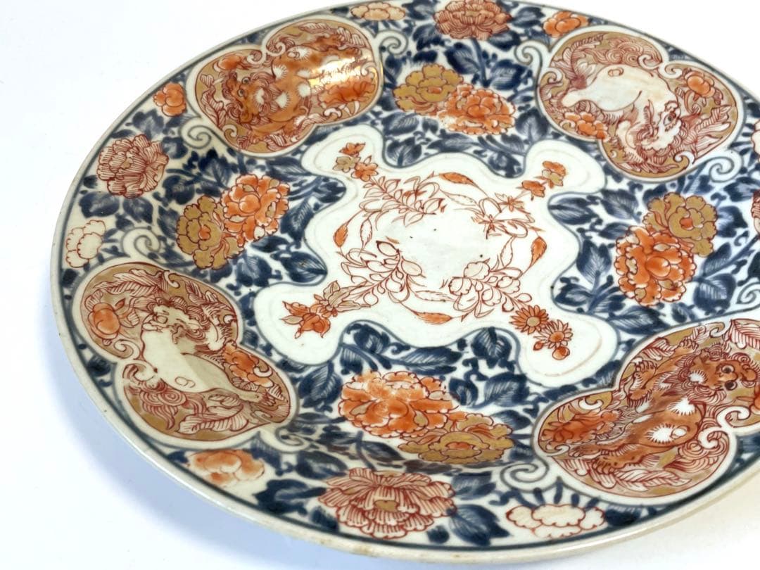 骨董　アンティーク　古伊万里　色絵　金襴手　輸出伊万里　獅子牡丹　皿　丸皿
