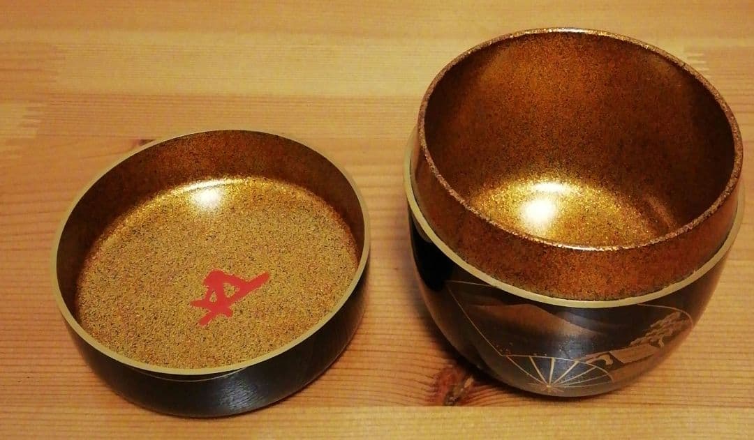 鵬雲斎書付　玉州作　扇　蒔絵　梨地　棗　共箱　茶道具