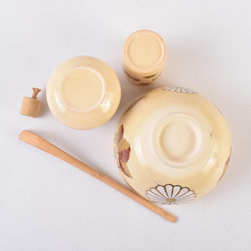 茶道具　面朱利休形茶箱　菊桐文茶碗　巾筒など　八点　一式　仕覆付　M　R9048